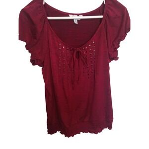 Speechless Women XL Burgundy Space Dye Studded Keyhole Tie Neck Blouse Top